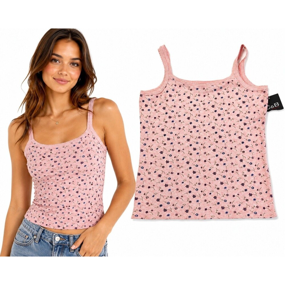 Vintage C&B Sport Pink Floral Cami Tank Top Lace Trim Deadstock NWT Medium
